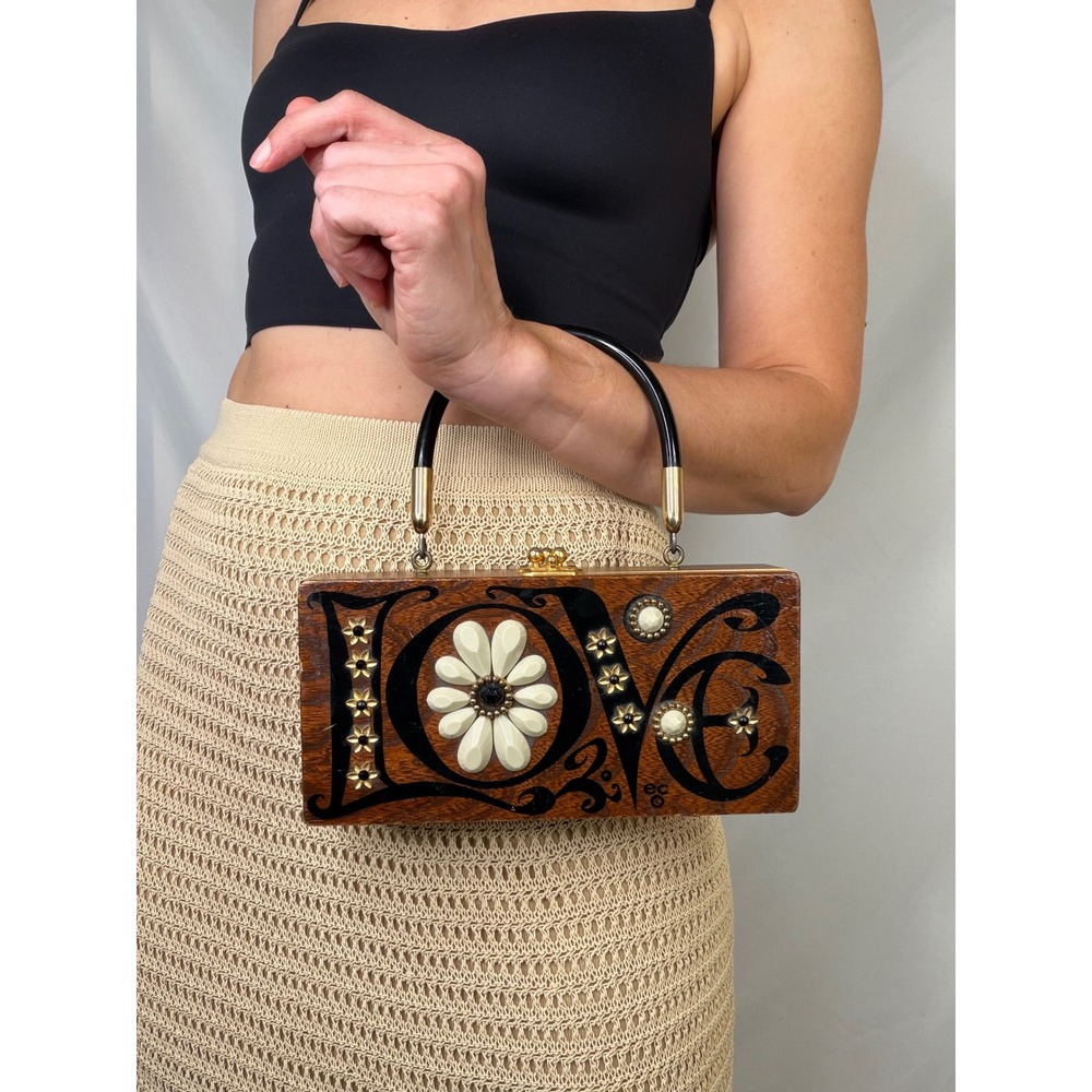 Enid Collins Original Box Bag LOVE Vintage Wood Top Handle Handbag Purse 1960s - Picture 15 of 17